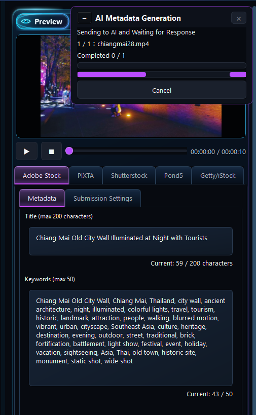 AI generation and submission preparation screen for major stock platforms